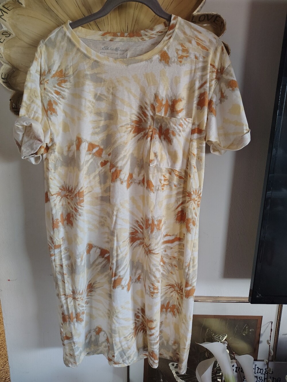 Eddie Bauer Tie-Dye T-Shirt Tunic Dress Summer Sunbursts Yellow Rust Women's M